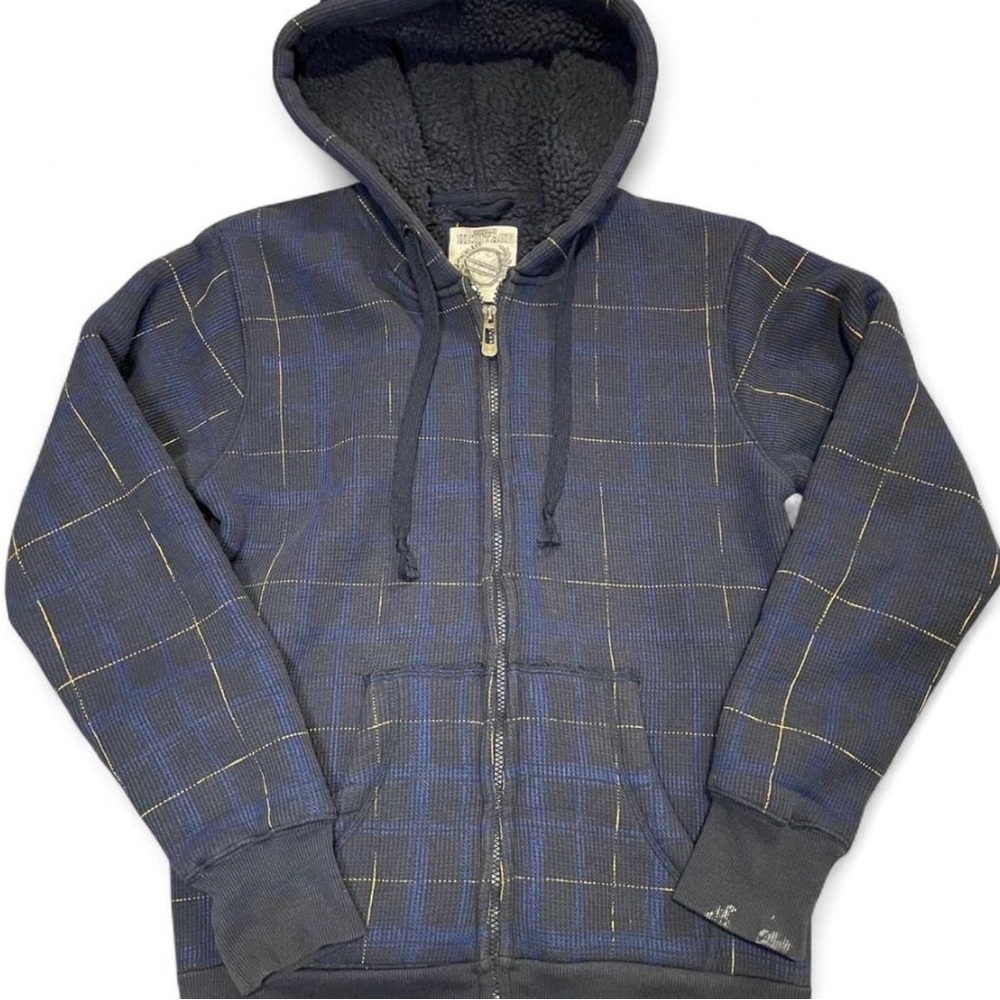 Urban Heritage Fleece-Lined Plaid‎ Waffle Knit Zip-Up Hoodie with Thumbholes